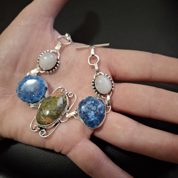 New Unakite, Rainbow Moonstone, Agate Geode Slice 925 Silver Bracelet. - Picture 6 of 10